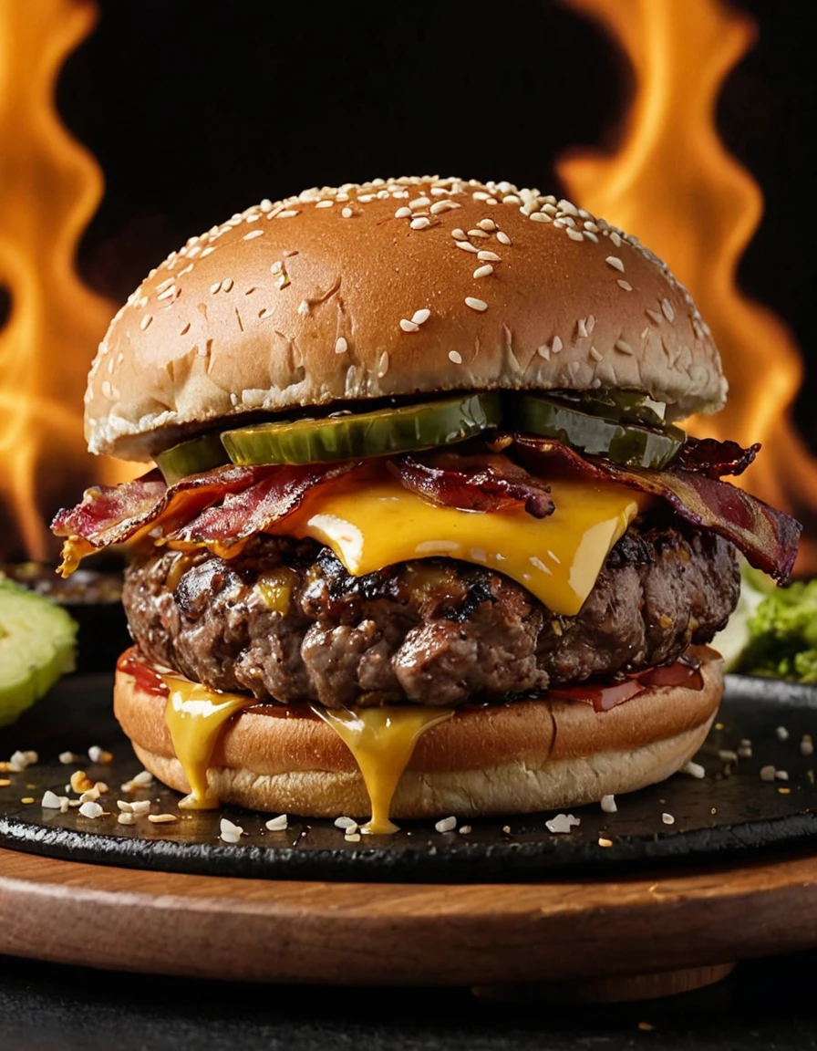 Image of a burger with two beef patties, cheese, bacon, and vegetables on a sesame seed bun with flames coming out the top of it. The burger is sitting on a black plate with a BAF logo in the bottom right corner.