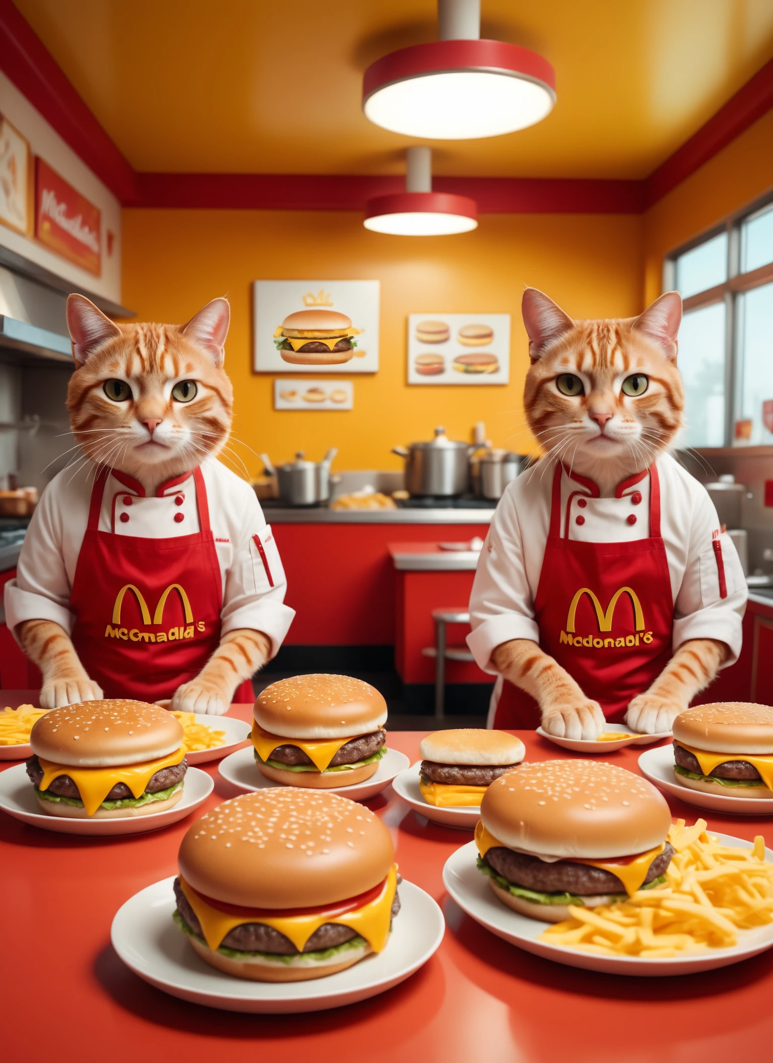 Wide angle realistic 8K raw photography, (Anthropomorphic cats cooking cheeseburgers:1.3), Symmetrical composition, Chef-themed outfits, Flipping patties, (Vibrant McDonald's interior:1.2), Wes Anderson aesthetic, Retro colors, Whimsical atmosphere, Crisp clarity captured with a high-resolution camera showcasing ultra-clear details.