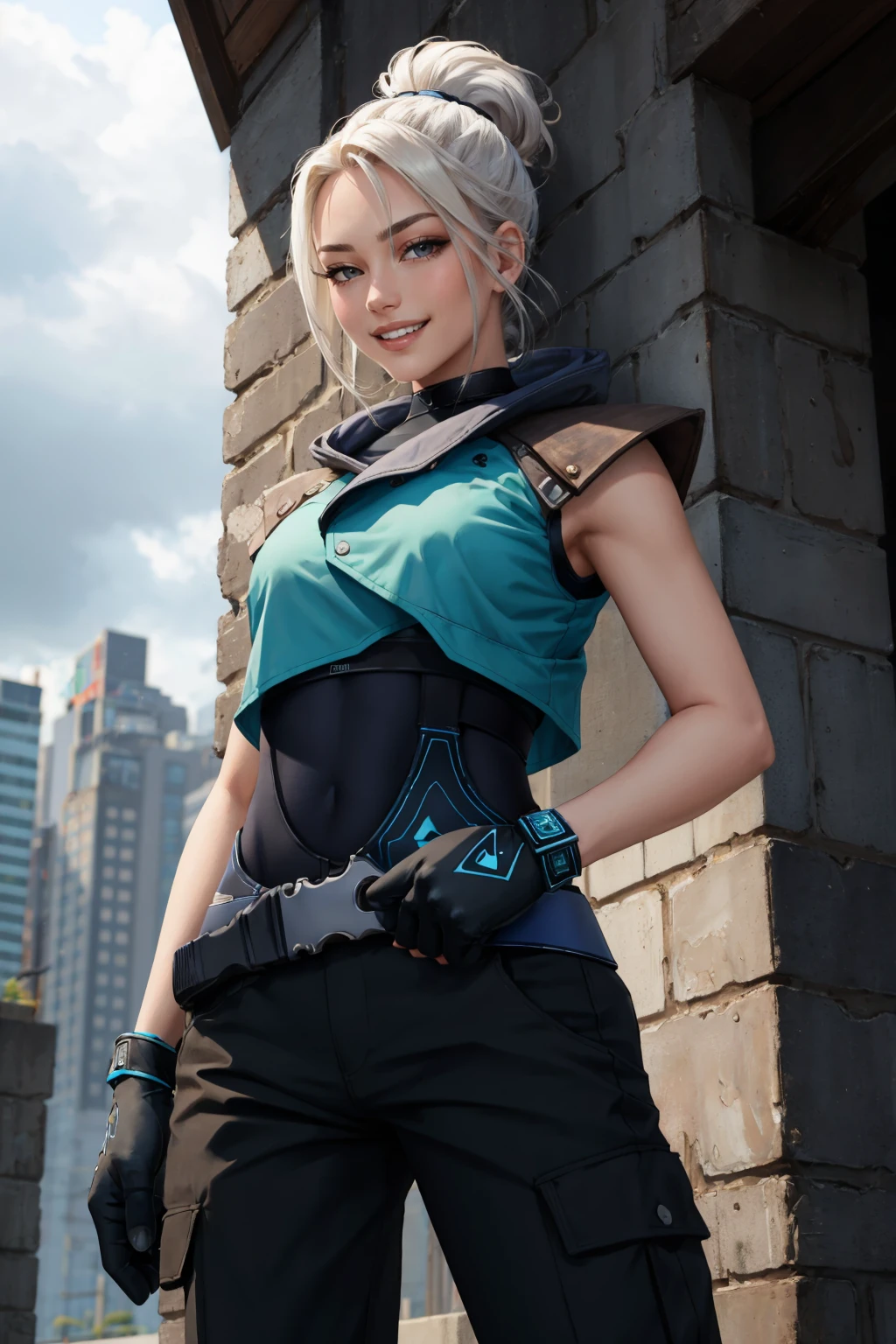 masterpiece, best quality, 1girl, <lora:valorantjett-nvwls-v1-000009:0.9> valorantJett, short ponytail, blue jacket, sleeveless, cropped jacket, black bodysuit, belt, black pants, black gloves, fists, fighting stance, grin, smirk, looking at viewer, from below, from side, grey sky