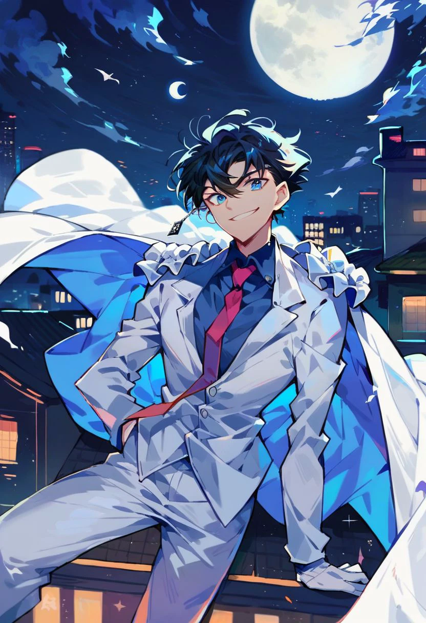 (score_9, score_8_up:1.1), score_7_up, kaito kid, 1boy, solo, black hair, blue eyes, monocle, white top hat, purple shirt, necktie, white cape, pauldrons, white pants, roof, night, full moon, smile