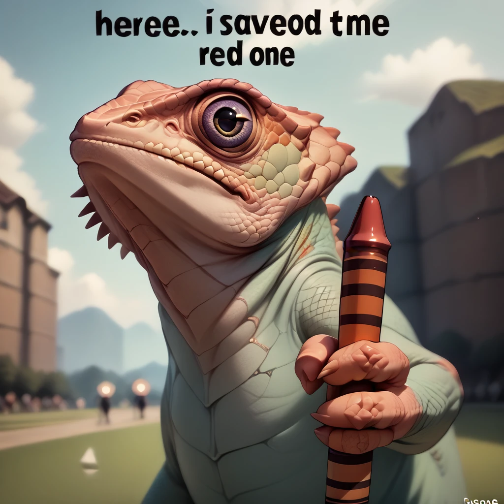 realistic, score_9, score_8_up, <lora:NSRedOneMeme:1> NSRedOneMeme, upper body, holding, english text, from side, looking at the viewer, <lora:ChamChameleonPonyXL:1> Chameleon, lizard, back spikes, feral, scales