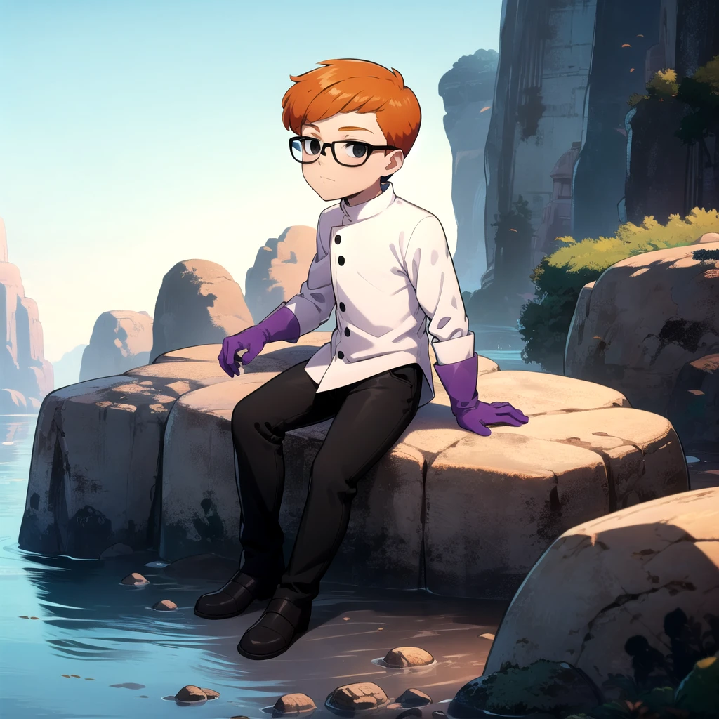 1boy, solo, Dexter,  orange hair, black eyes, glasses, white coat , purple gloves, black pants, child,     <lora:Dexter_DexterLab_Leaf2:0.8>, cowboy shot, looking at viewer, sitting, sitting on rock