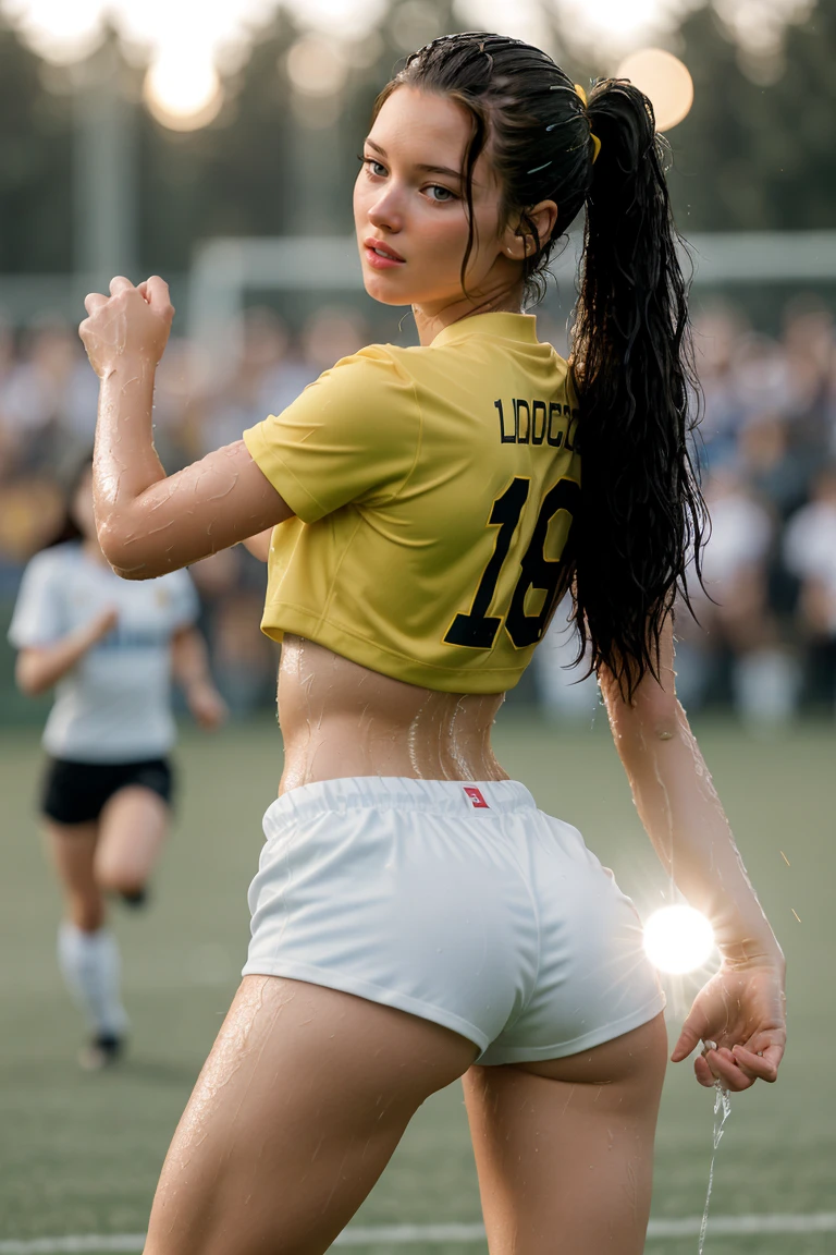 college girls playing soccer in the rain, wet clothes, wet bodies, wet hair, sensual, see through, varied ethnicity, looking at each other, embracing, playful, splashing, soaked, drenched, dripping wet, long shirts, soccer shorts, dirty, muddy, socks, sneakers, ultra detailed faces, masterpiece, best quality, hd, 8k, photorealistic, low angle shot, nsfw