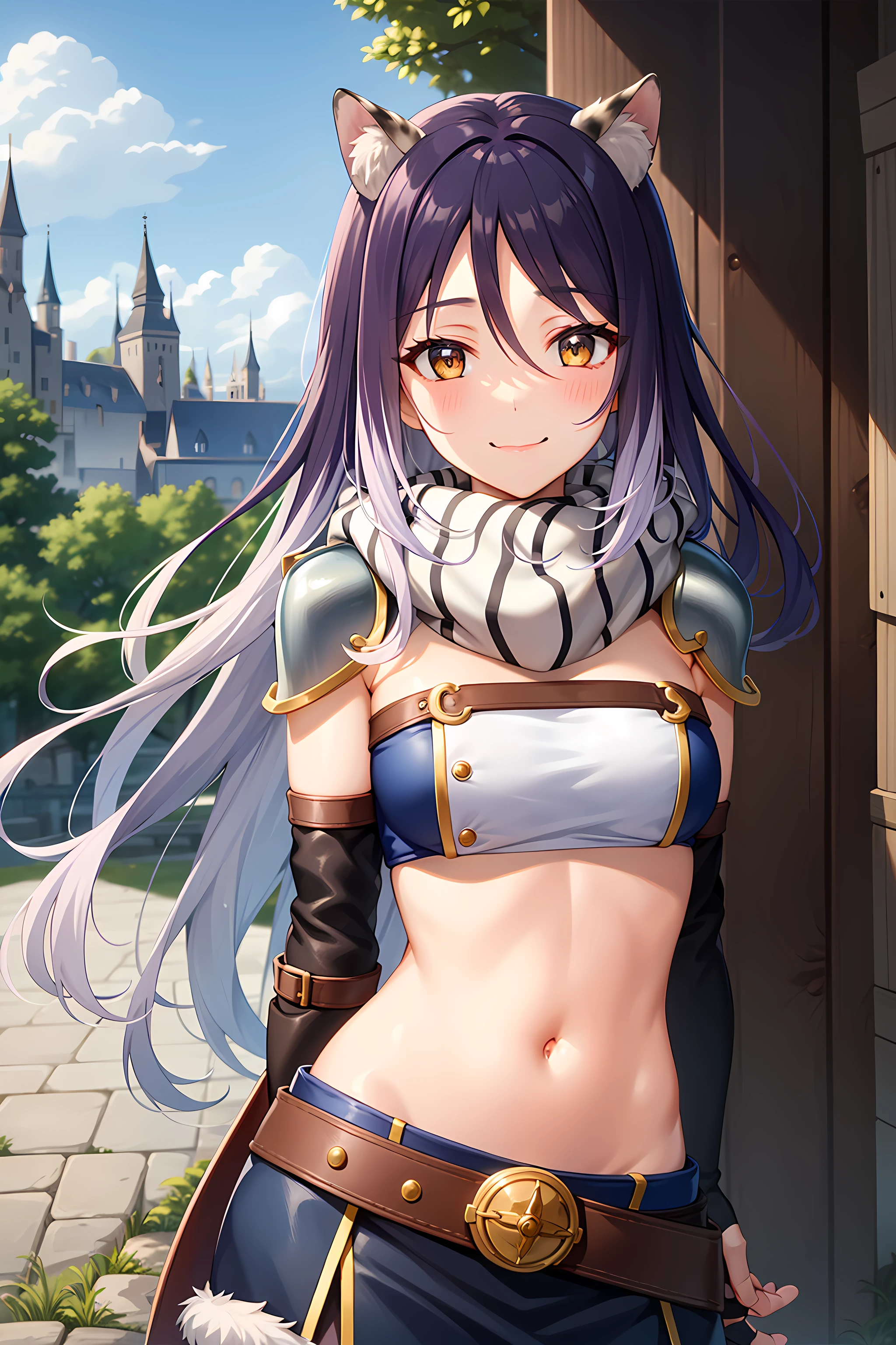 best quality, masterpiece, detailed,
<lora:PrincessConnect_Shiori:0.9>, Shiori,
closed mouth, light smile,
gradient hair, long hair, yellow eyes, tiger ears, 
scarf, fur trim, shoulder armor, bandeau, fingerless gloves, belt, skirt,
looking at viewer, arms behind back,
castle, fantasy, tree, scenery