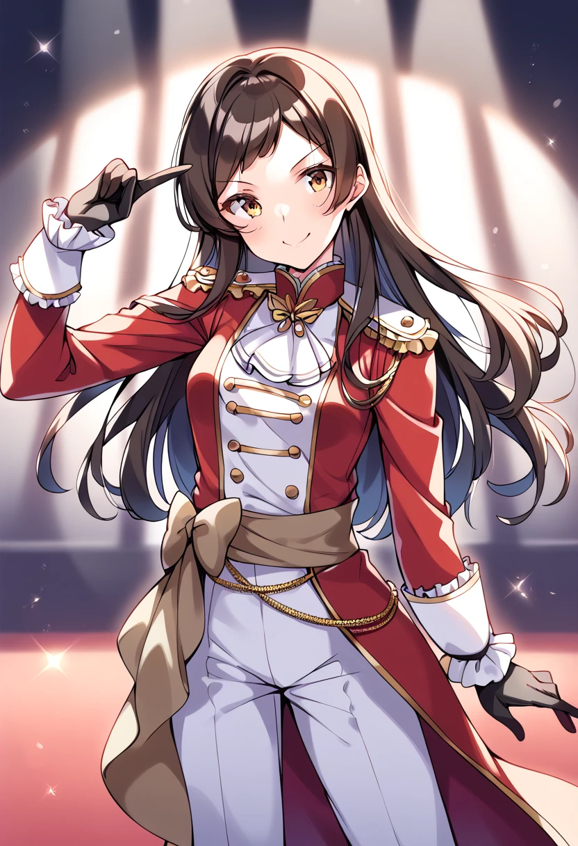 score_9, score_8_up, score_7_up, source_anime BREAK
kitazawa shiho, etoile brillant, 1girl, long hair, brown hair, solo, brown eyes, smile, looking at viewer, black gloves, sash, standing, high heel boots, blush, white pants, sparkle, long sleeves, frills, knee boots, finger gun, brown footwear, military uniform, stage, closed mouth, shadow, black footwear, aiguillette, frilled sleeves, epaulettes, ascot, legs apart, blurry background, grey pants, stage lights, white neckwear, tailcoat, medium breasts, coattails, pointing, outstretched arm, dancing, shiny, depth of field, frilled boots, shiny hair, spotlight, red jacket, frilled gloves, swept bangs, double-breasted, parted bangs, frilled jacket, yellow eyes, black hair, white shirt, arm up, contrapposto, formal, gold trim, eyebrows visible through hair, buttons, v-shaped eyebrows, brown bow, back bow, long jacket, lights, head tilt, hands up, straight hair
<lora:kitazawa_shiho_sdxl_pony_locon_v1:0.8>