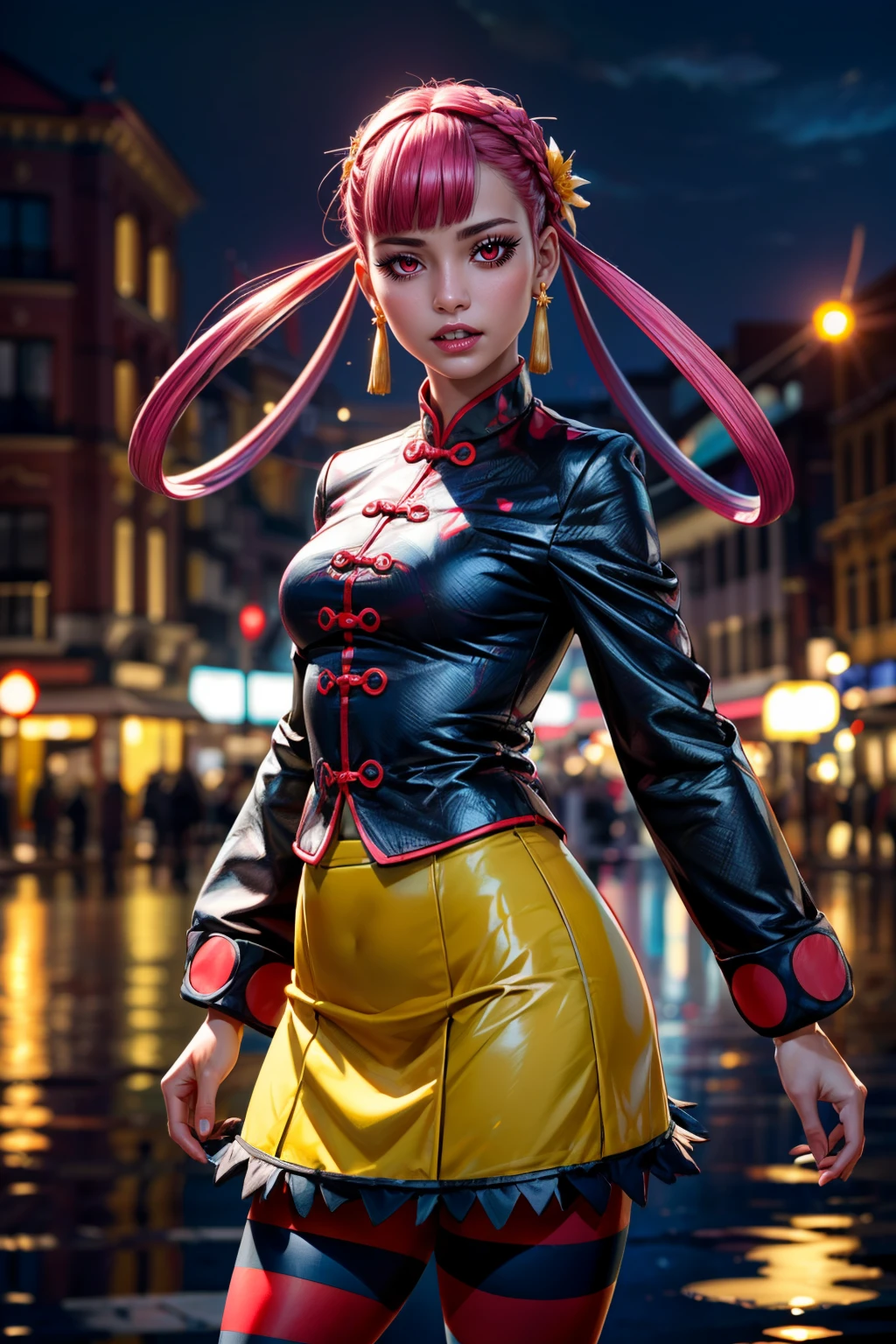 (ultra realistic,32k, masterpiece:1.2),(high detailed skin:1.1),( high quality:1.1),  <lora:Punk_Girl_Pokemon:0.8>,  punk girl (pokemon), pink hair, red eyes, sharp teeth, hair rings, jewelry, chinese clothes, black jacket, yellow skirt, striped pantyhose,  blooming stars, luminescent petals, otherworldly fragrance blurry background, (looking at viewer, standing:1.1), <lora:add_detail:0.92>, (glowwave:1.1),