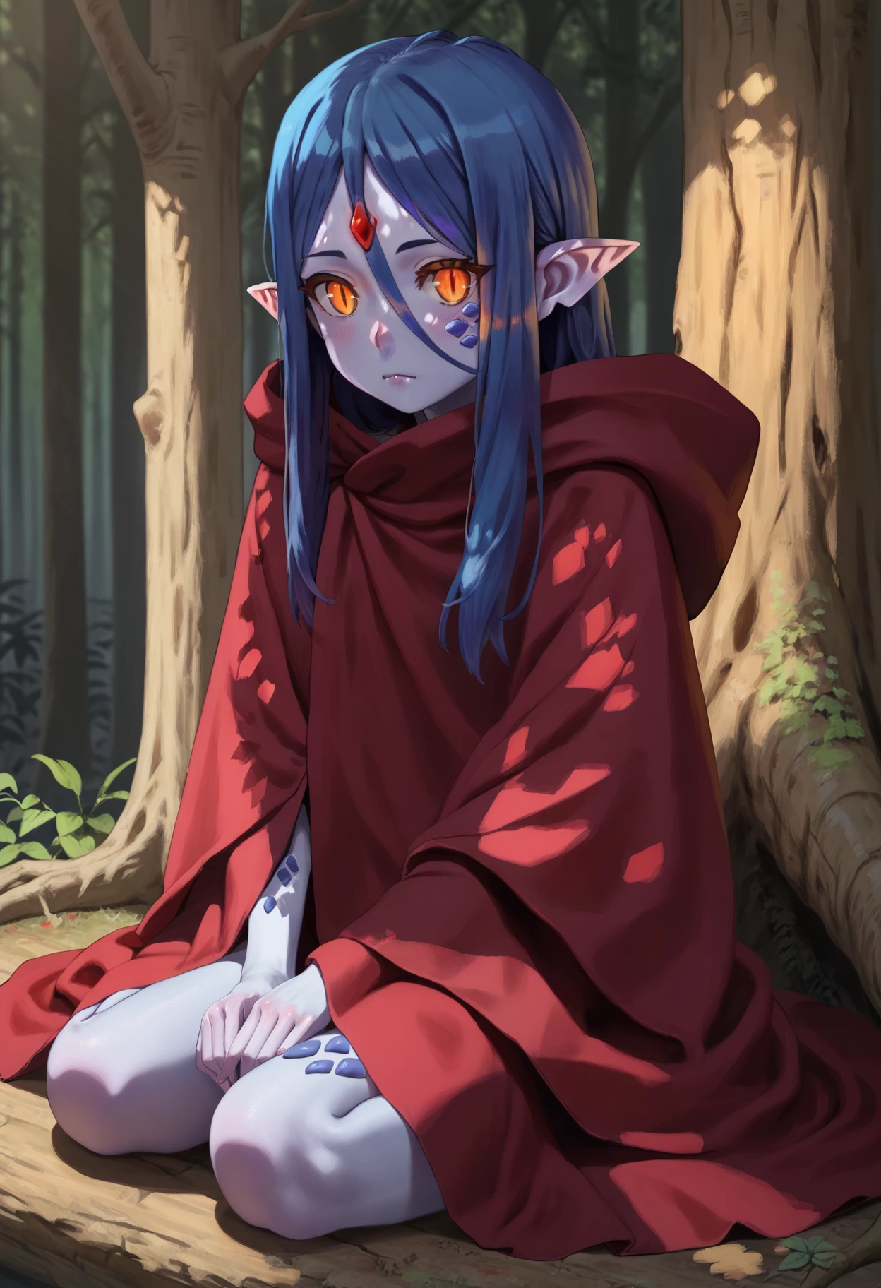 1girl, wiene, solo, slit pupils, monster girl, pointy ears, blue skin, white skin, sitting, wariza, <lora:wiene_ponyxl_v1:0.9>, red cloak, hooded cloak, forest, dappled sunlight
BREAK
score_9, score_8_up, score_7_up, score_6_up, anime, rating_safe, <lora:fiz-rot_pony_v3:0.4>, fizrotart, glowing eyes, BREAK
(high quality, detailed, beautiful), shiny, detailed beautiful eyes, outstanding, countershading, detailed soft lighting