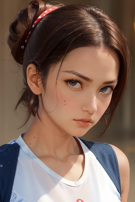 An image of a young woman  <lora:AlleyB:1> with a soft, natural complexion and a low bun hairstyle, featuring loose strands of hair on the right side of her face. looking in to the camera, facing slightly to the right, with her gaze meeting the camera. She wears a sleeveless red top with a small white dot pattern and a delicate gold necklace. The lighting is soft and natural, accentuating her thoughtful expression, against a softly blurred background. Highly detailed, fill lighting, natural lighting,  <lora:add-detail-xl:0.3>