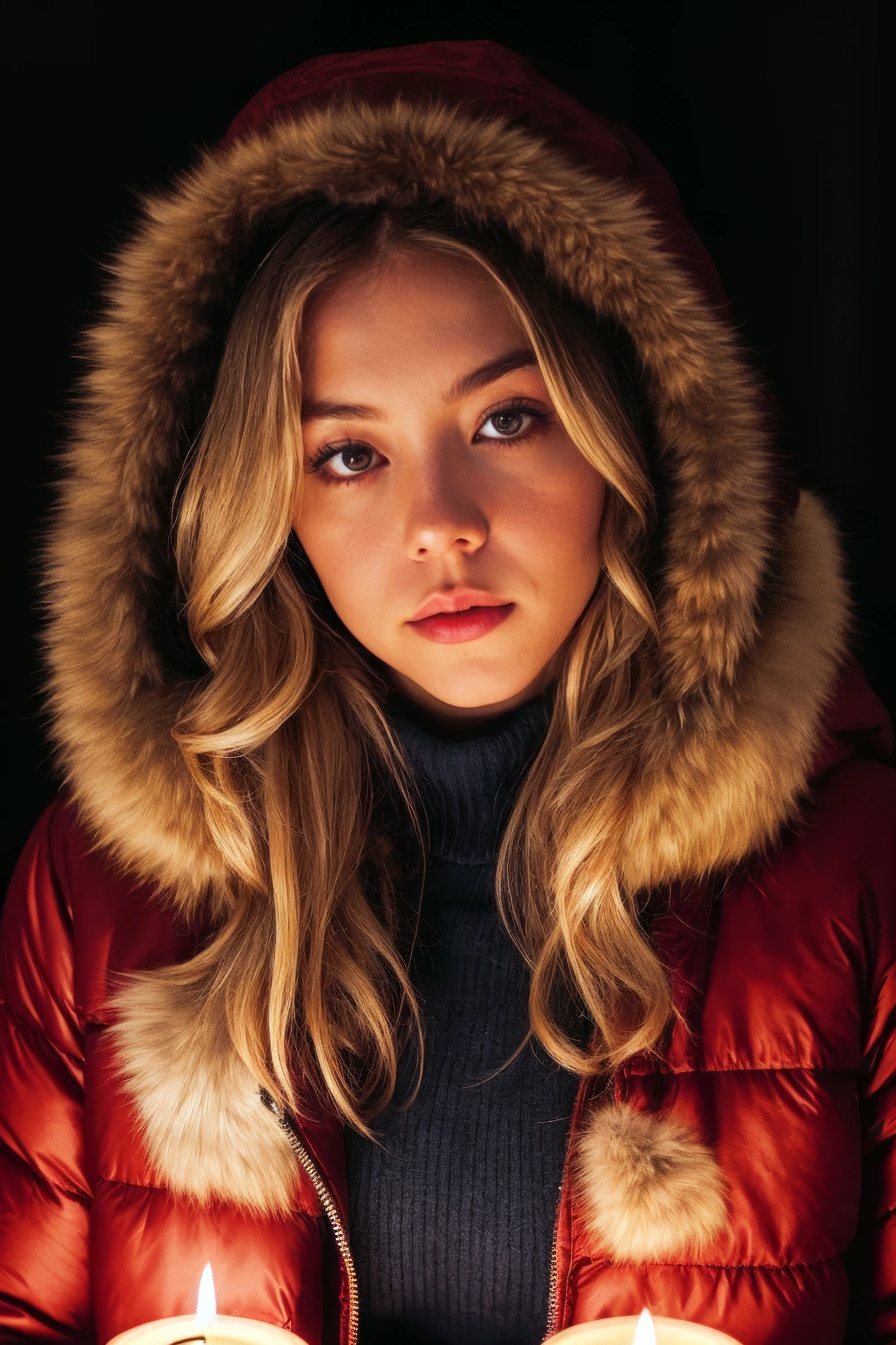 (sydsw33n3y_TI:0.95), modernist photo of a woman, (faux fur-lined parka with skinny jeans), face, under candlelight, macro view, shot on a Leica T