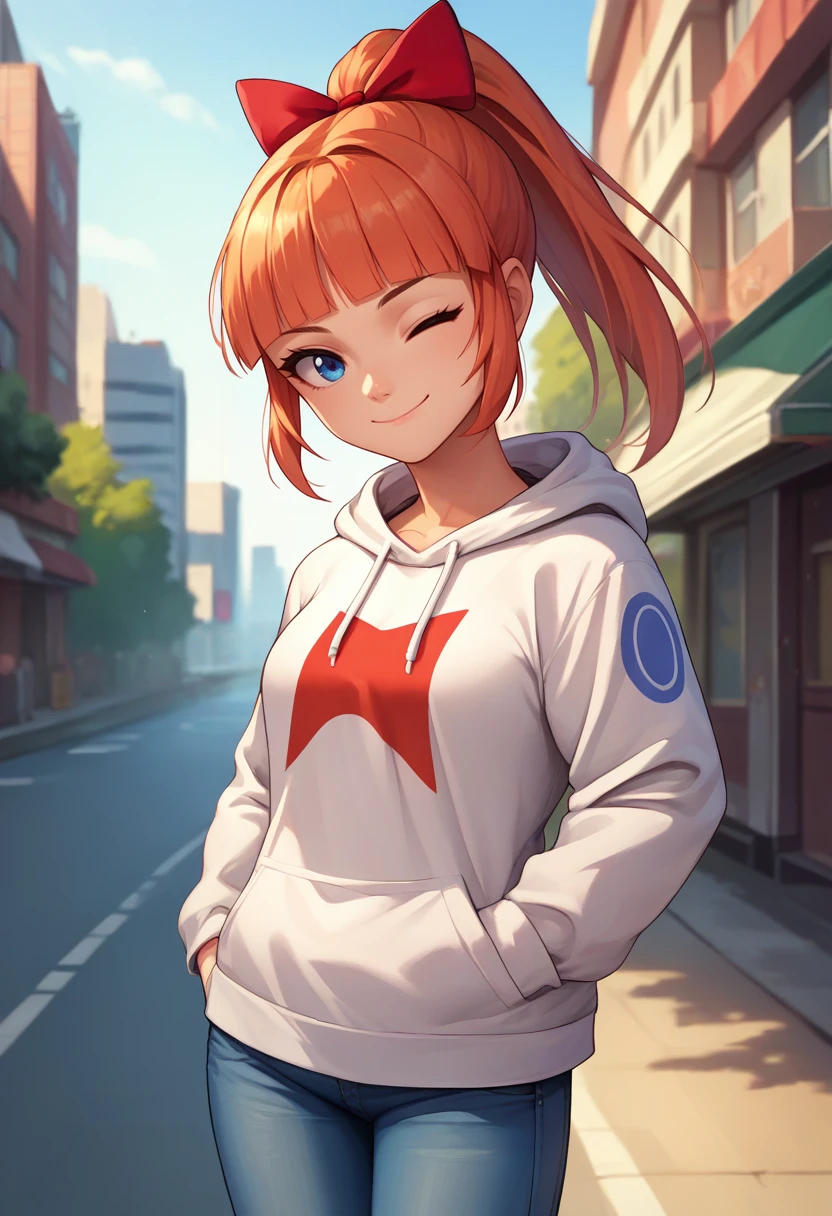 score_9, score_8_up, score_7_up, source_anime, solo, 1girl, rcgkyoko, smile, closed mouth, looking at viewer, hand in pocket, ponytail, hair bow, red bow, one eye closed, white hoodie, jeans, outdoors, city street <lora:rcg_kyoko_ponyXL:1>