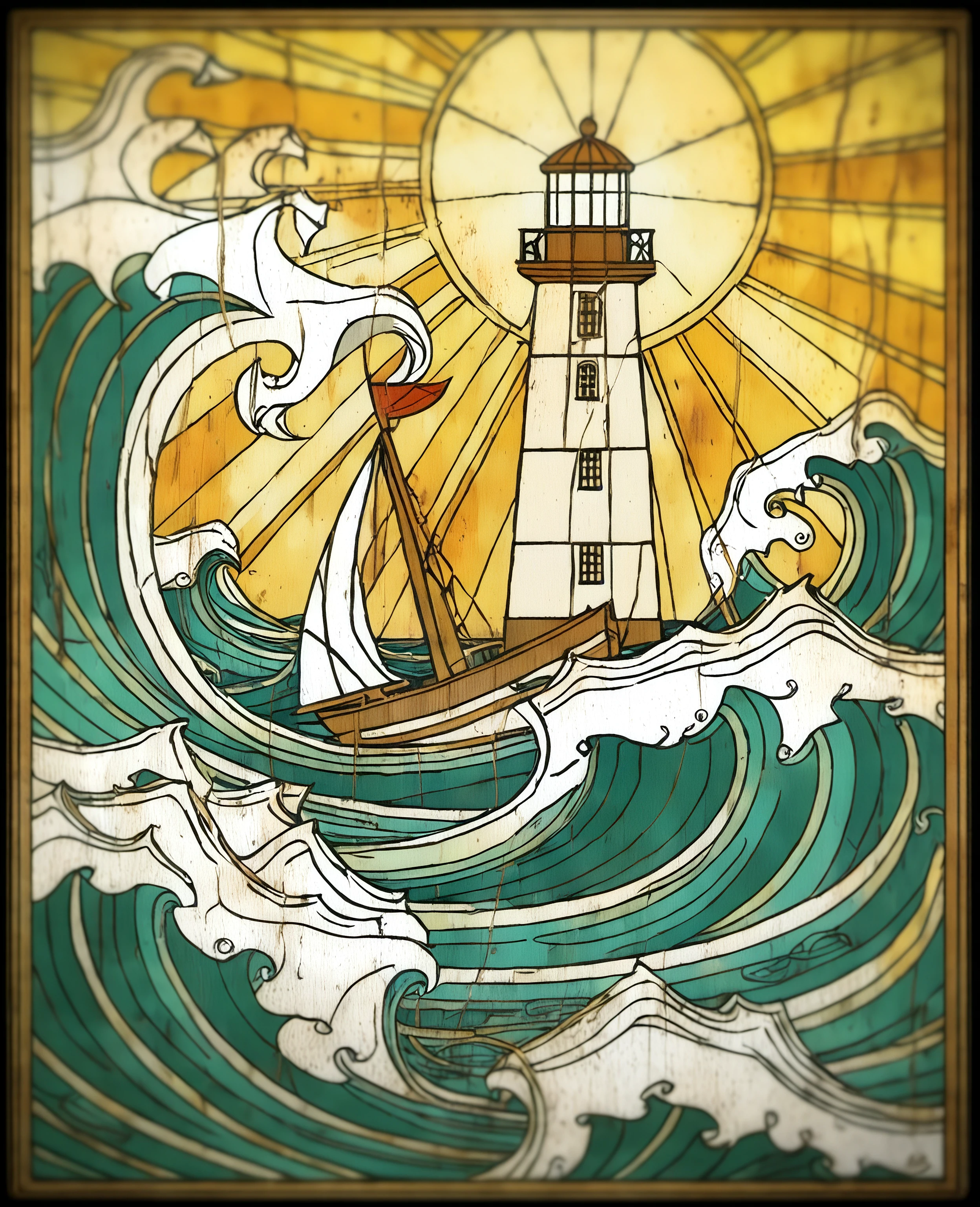 lighthouse shining on a sailboat amongst tumultuous waves