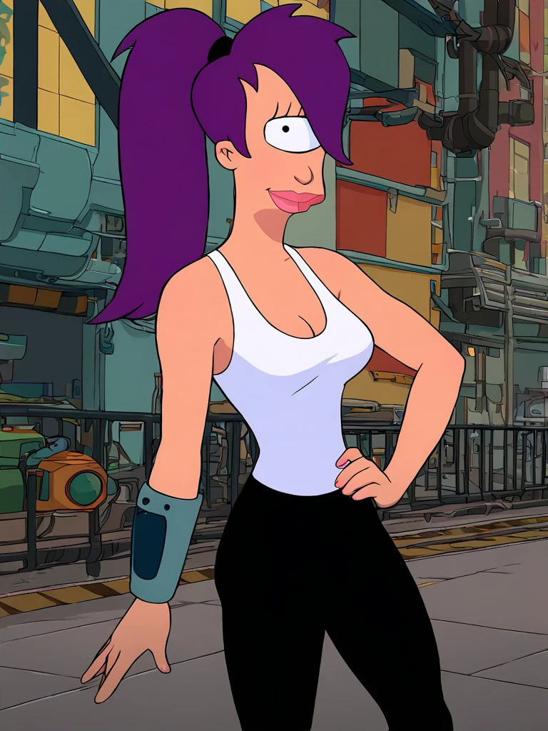 <lora:LeelaPony1.0:1> leela, 1girl, purple hair, one-eyed, cyclops, ponytail, long hair,white tank top,black pants solo, breasts, cleavage, lips,looking at viewer, hand on own hip,smile,standing, city, science fiction, score_9, score_8_up, score_7_up, <lora:Jabstyle_AMXLV1:0.8>