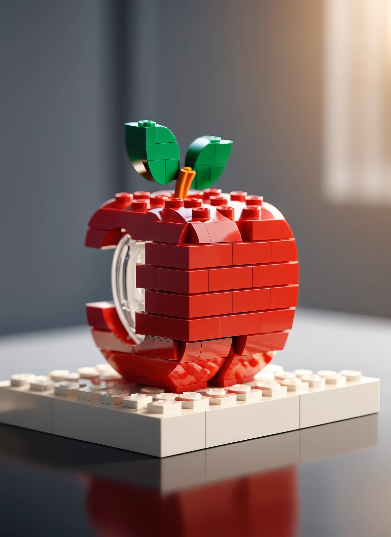 Realistic 8K raw photography, (lego brick apple logo:1.4), Minimalist composition, United lego bricks, Great illumination, Bokeh background, (Highly detailed bricks:1.3), Pure color palette, Reflective surfaces, Ultra-clear details, Captured with a professional 8K camera, Unmatched clarity