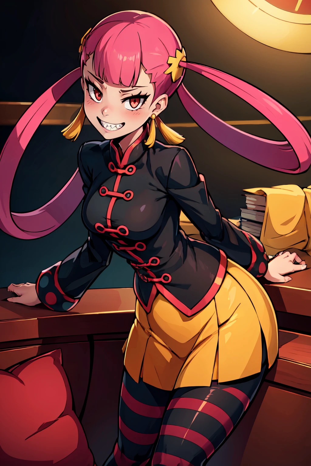 <lora:Punk_Girl_Pokemon:0.8>,   ((masterpiece,best quality)), absurdres,    punk girl (pokemon), pink hair, red eyes, sharp teeth, hair rings, jewelry, chinese clothes, black jacket, yellow skirt, striped pantyhose, shiny clothes,   smug, leaning forward, head tilt,   smile, cowboy shot, looking at viewer,