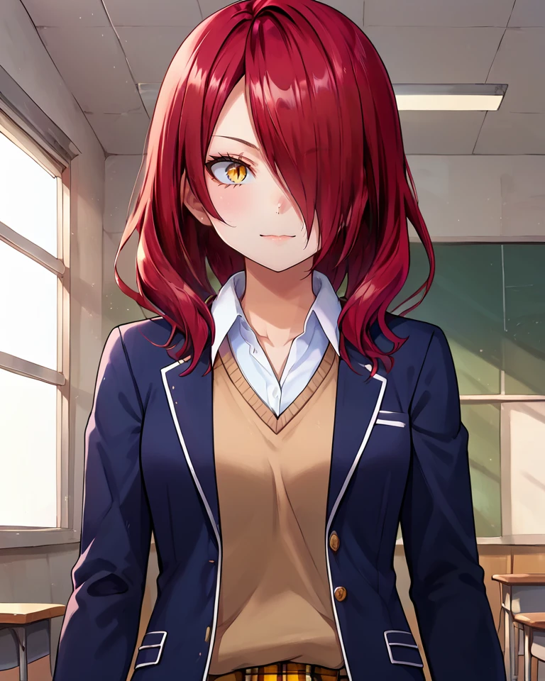 score 9, score 8 up, 1girl, masterpiece, <lora:Rindou_Kobayashi_Food_Wars_Pony_XL:0.8>, kobayashi rindou, red hair, hair over one eye, slit pupils, yellow eyes, school uniform, blue jacket, sweater, plaid skirt, classroom, scenery