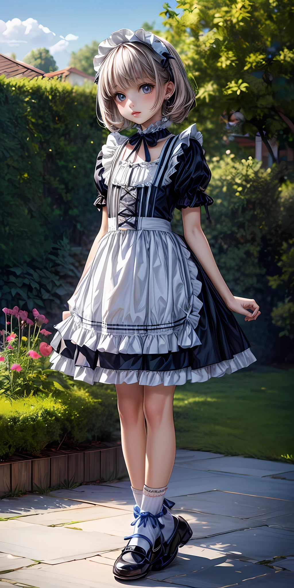 (masterpiece,ultra-detailed,best quality,8K,CG,illustration,shaved:1.0),(ite girl:1.2) <lora:more_details:1>,garden,flower,outdoor,sky
<lora:maid v1.0:0.5> jyojifuku, frills,ribbon,socks,shoes,