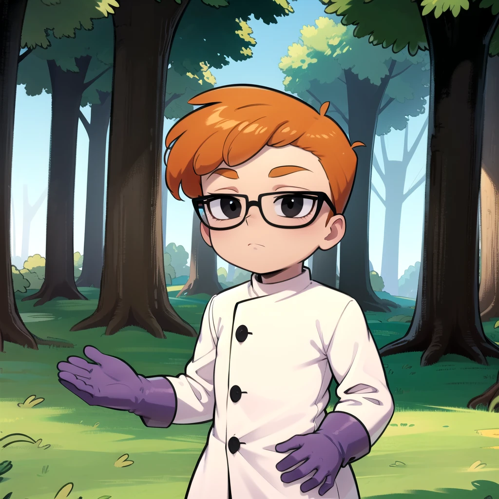 1boy, solo, Dexter,  orange hair, black eyes, glasses, white coat ,  black pants, purple gloves ,child,     <lora:Dexter_DexterLab_Leaf2:0.8>, cowboy shot, looking at viewer,  forest,