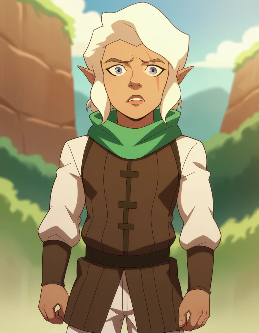 score_9, score_8_up, score_7_up, source_anime,
piketrickfoot, <lora:pike-trickfoot-ponyxl-lora-nochekaiser:1>,
pike trickfoot, white hair, pointy ears, dark skin, grey eyes, scar, scar on face, scar across eye,
scarf, green scarf, boots, pants, white pants,
outdoors,
looking at viewer, dutch angle, cowboy shot,