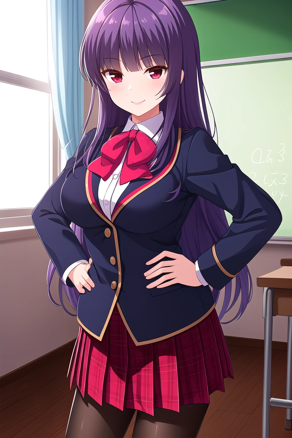 (masterpiece, best quality), highly detailed background, perfect lightingbest quality, kagurazakasaya, solo, indoors, classroom, purple hair, blunt bangs, very long hair, red eyes, medium breasts, blue jacket, blazer, red bowtie, white shirt, hands on hips, red skirt, plaid skirt, black pantyhose, school uniform, smile, closed mouth, pink lips, <lora:Kagurazaka-Saya:0.7>