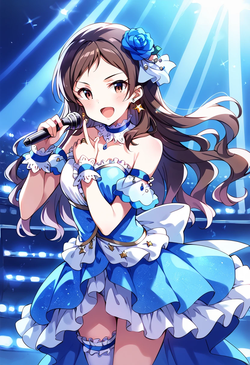 score_9, score_8_up, score_7_up, source_anime BREAK
1girl, kitazawa shiho, crescendo glitter, brown hair, brown eyes, jewelry, smile, open mouth, thighhighs, hair flower, microphone, looking at viewer, stage, :d, detached sleeves, stage lights, star \(symbol\), wrist cuffs, blue dress, white legwear, frills, star earrings, bare shoulders, ring, index finger raised, medium breasts, blush, blue flower, frilled dress, star hair ornament, cleavage, music, solo focus, collarbone, singing, pointing, very long hair, strapless dress, skirt, hair bow, blue hair, wavy hair, frilled choker, hand on own chest, two side up, standing, parted bangs, v-shaped eyebrows, hair ribbon, single thighhigh, spotlight, sleeveless, detached collar, dancing, blue rose, zettai ryouiki
<lora:kitazawa_shiho_sdxl_pony_locon_v1:0.8>