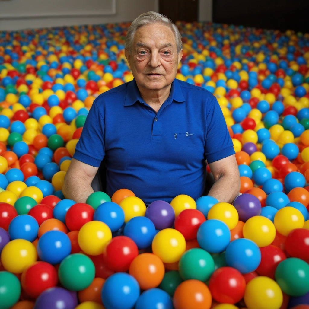 <lora:Soros:0.8> george soros wearing a t-shirt and jeans, in a ball pit, with colorful plastic balls