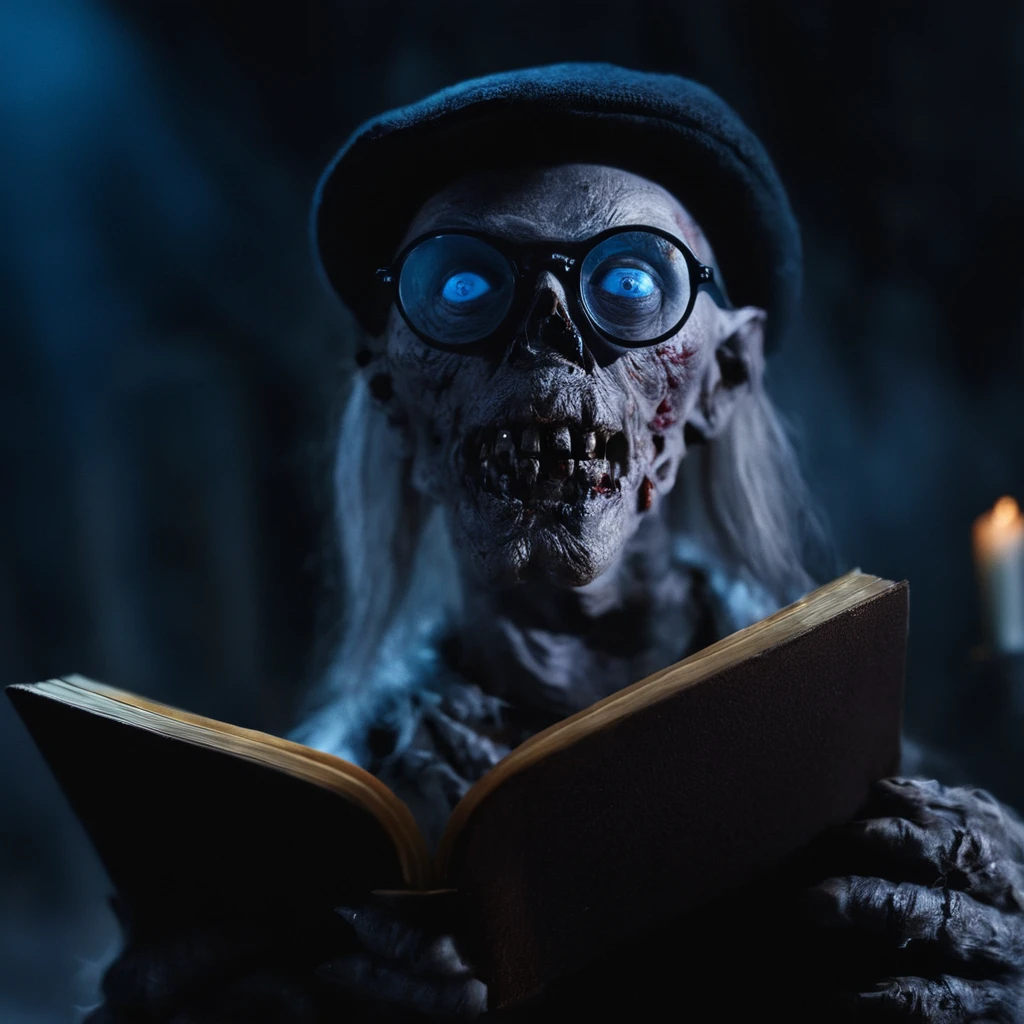 cinematic film still of  <lora:Cryptkeeper:1>
Cryptkeeper a book with a zombie face and glasses on it,looking at viewer,open mouth,blue eyes,1boy,hat,glasses,teeth,black headwear,sunglasses,monster,horror (theme),realistic,realistic,realism,photorealism,hyperrealism,hyperrealistic,realistic,sharp,detailed,cinematography style,film light style,movie still,professional photography,artistic,perfection,contrast,cinematic,filmic,high quality photo,8k quality,colorful,photography style,horror themed,Anthology Black comedy Dark fantasy Horror , tales from the crypt style, shallow depth of field, vignette, highly detailed, high budget, bokeh, cinemascope, moody, epic, gorgeous, film grain, grainy