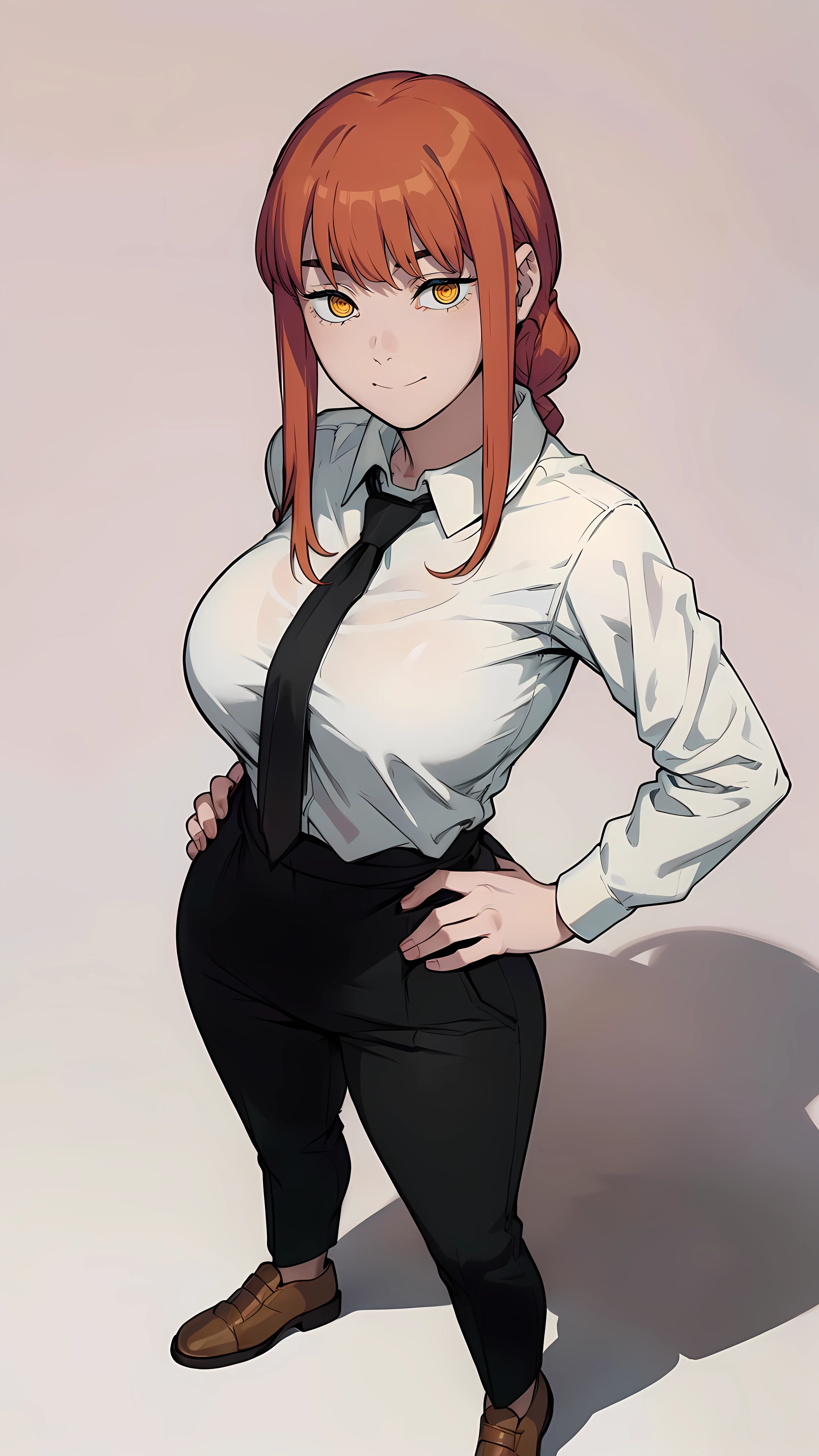 masterpiece, best quality, high resolution, highly detailed, HDR, intricate detail, ultra detailed,
BREAK
<lora:Makima:0.9>_(Large breasts_absolute cleavage_collarbone:1.2)_(yellow eyes_weird eyes_red hair_long hair_fair skin:1.2)_(hime cut_straight short bangs:1.3)
BREAK
(from_above:1.3)_ (cowboy_shot:1.4)( hand on hip:1.5)_ looking_at_viewer_woman
BREAK
(white shirt:1.2),( black pant:1.4),elastic hair tie, necktie,
BREAK
(pastel simple background:1.4)