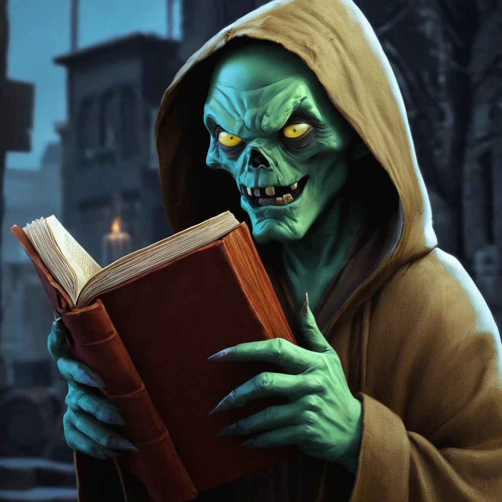 anime artwork of  <lora:Cryptkeeper:1>
Cryptkeeper a cartoon of a grimy character holding a book,solo,1boy,holding,male focus,outdoors,hood,book,colored skin,parody,cloak,colored sclera,holding book,robe,green skin,hooded cloak,yellow sclera,realistic,realistic,realism,photorealism,hyperrealism,hyperrealistic,realistic,sharp,detailed,cinematography style,film light style,movie still,professional photography,artistic,perfection,contrast,cinematic,filmic,high quality photo,8k quality,colorful,photography style,horror themed,Anthology Black comedy Dark fantasy Horror , tales from the crypt style, anime style, key visual, vibrant, studio anime,  highly detailed