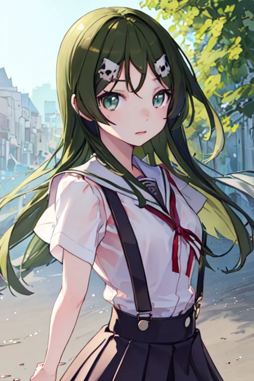 Matcha Kobayashi, 1girl, solo, long hair, green eyes, green hair, hair ornament, school uniform, skull hair ornament, face focus, upper body, arms behind back, serafuku, masterpiece, best quality, outdoors, blue sky, (colorful, vivid, sunlight, warm lighting:1.2),  suspenders, (red shirts), black ribbon, black skirt