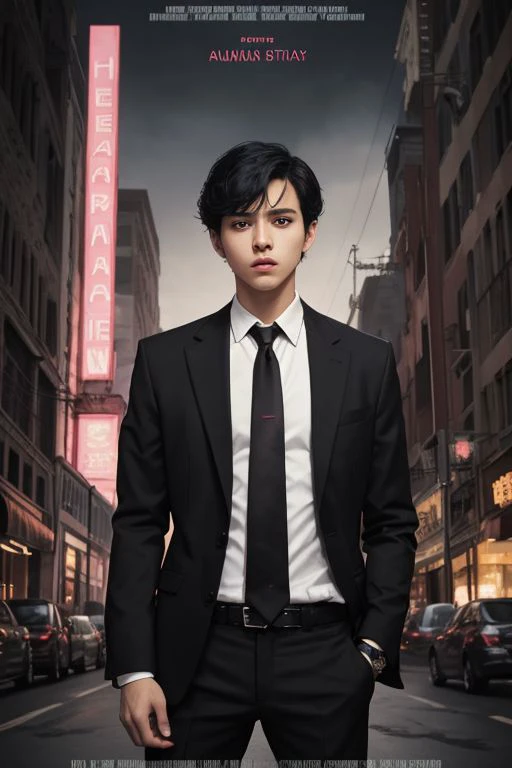 movieposter, 1boy, male focus, necktie, watch, wristwatch, jacket, black hair, shirt, english text, black necktie, looking at viewer, black jacket, pants, formal, solo, black pants, cover, suit, collared shirt, standing, copyright name, clenched hands, pink background, white shirt, short hair, layout design, font design, 1boy, male focus, necktie, watch, wristwatch, jacket, black hair, shirt, english text, black necktie, looking at viewer, black jacket, pants, formal, solo, black pants, cover, suit, collared shirt, standing, copyright name, clenched hands, pink background, white shirt, short hair, title, movie poster, design layout