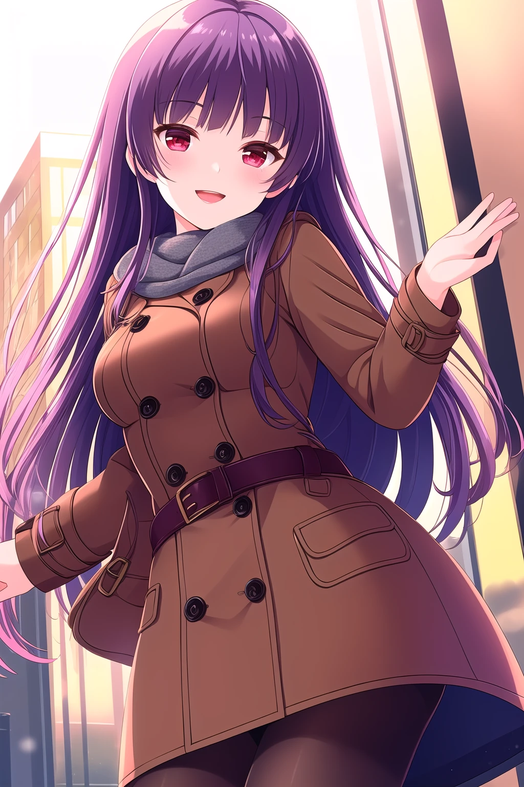 (masterpiece, best quality), highly detailed background, perfect lightingbest quality, kagurazakasaya, solo, outdoors, city, winter, purple hair, blunt bangs, very long hair, red eyes, medium breasts, brown coat, trench coat, buttons, belt, black pantyhose, winter clothes, smile, open mouth :d, pink lips, <lora:Kagurazaka-Saya:0.7>