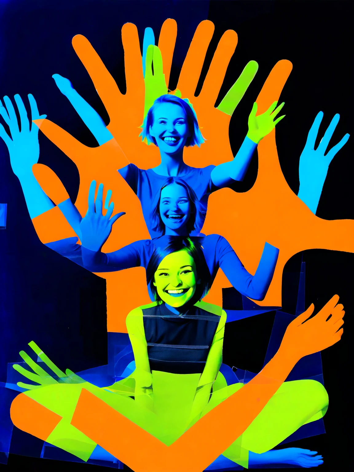 <lora:DeconDada-000008:1.4> deconstructed monochrome photo, female focus, exaggerated smile, hands up, sitting, abstract, visually striking, mixed media, flat-orange, lime-green, xray-blue, midnight-blue, neon-yellow
