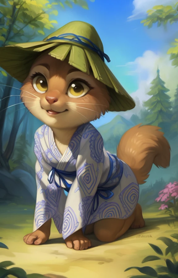 KawausoGeKi  <lora:KawausoGeKi:0.8> [road, earth, forest, trees, sky, clouds, mountains,]     kimono, green hat, blue belt, yellow eyes, brown fur, Yukata,  chibi , tail,
blue textured fur, solo,  looking at viewer, to his full height,  (beautiful, aesthetic, perfect, delicate, intricate, masterpiece, )  (all fours, cowgirl position,)
by Floris van Dyck, by Anna Razumovskaya, by Pino Daeni, by Ulitochka, by Ruan Jia