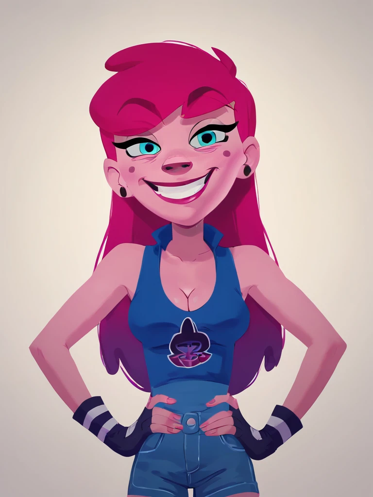 <lora:AnyMaluPony1.0:1.0>AnyMalu, 1girl, gloves, solo, earrings, fingerless gloves, blue eyes, pink hair, jewelry, long hair, makeup, pants,smile, standing, black gloves,hands on own hips,  upper body, sleeveless, looking at viewer,shorts,simple background, cleavage,, score_9, score_8_up, score_7_up, score_6_up  zPDXLxxx <lora:Smooth Anime Style LoRA XL:1>