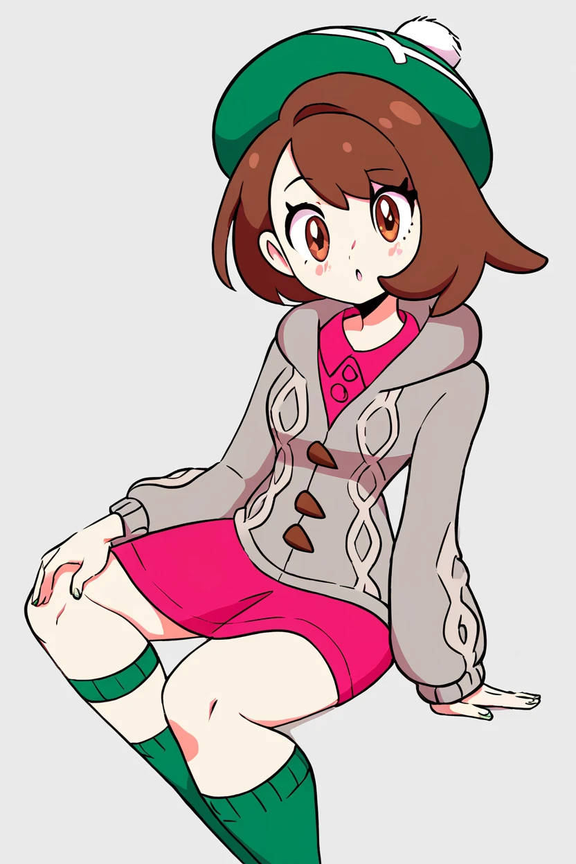 score_9, score_8_up, score_8, medium breasts, (curvy), cute, eyelashes,   gloria (pokemon), green hat, grey cardigan, hooded cardigan, cable knit, pink dress, green socks, long sleeves, collared dress,  <lora:Gloria_Pokemon_P1:0.8>,   <lora:Diives_P1:1>,