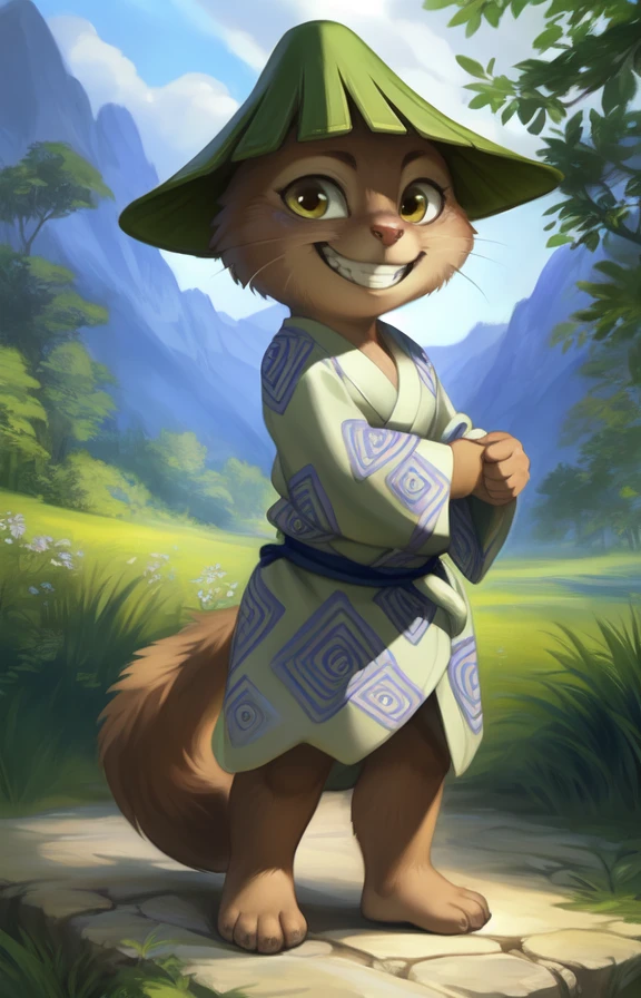 KawausoGeKi  <lora:KawausoGeKi:0.8> [road, earth, forest, trees, sky, clouds, mountains,]     kimono, green hat, blue belt, yellow eyes, brown fur, Yukata,  chibi , tail,
blue textured fur, solo,  looking at viewer, to his full height,  (beautiful, aesthetic, perfect, delicate, intricate, masterpiece, )  (grin, leaning forward)
by Floris van Dyck, by Anna Razumovskaya, by Pino Daeni, by Ulitochka, by Ruan Jia