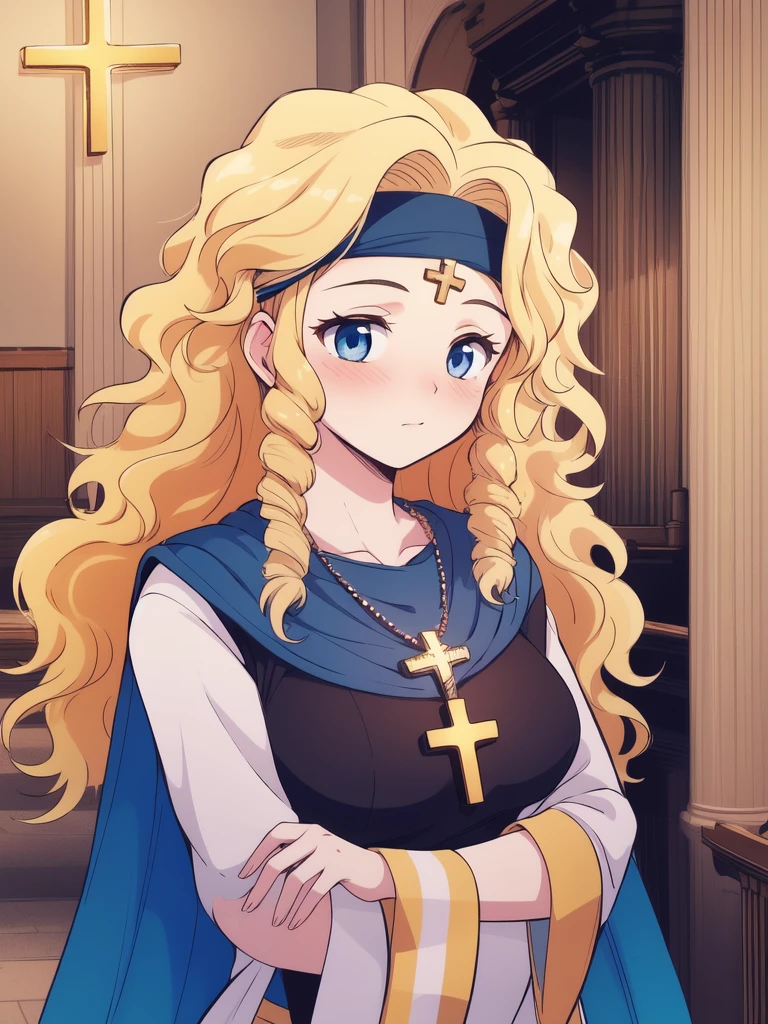 <lora:Linda_DKM:0.8>,LindaDKM, 1girl, blonde hair, blue eyes, solo, long hair, cross, jewelry, necklace, wavy hair, cape, headband, circlet, magic, large_breasts,ãchurch in the room, church,
blush,
masterpiece, high quality, very_high_resolution, large_filesize, full color,