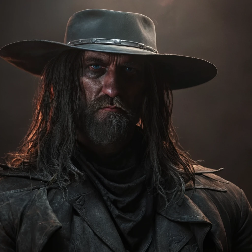 Dark Fantasy Art of  <lora:The Saint of Killers:1>
In the wild west, a picture of The Saint of Killers a man with a hat and a gun with red spot light in a dark room,solo,long hair,looking at viewer,blue eyes,1boy,hat,holding,upper body,weapon,male focus,holding weapon,gun,facial hair,holding gun,beard,handgun,dual wielding,cowboy hat,revolver , realistic, realism, photorealism, hyperrealism, hyperrealistic, realistic, sharp, detailed, cinematography style, film light style, movie still,  professional photography, artistic, perfection, contrast, cinematic, filmic, high quality photo,  8k quality, colorful, photography style, horror themed, western style, dark, moody, dark fantasy style