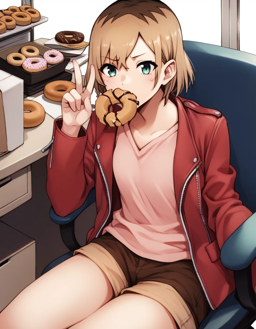 score_9,  score_8_up, score_7_up, source_anime
<lora:miyamori-ponyxl-000006:1> miyamori, red jacket, pink shirt, v-neck, short shorts, brown shorts,
doughnut, eating, office