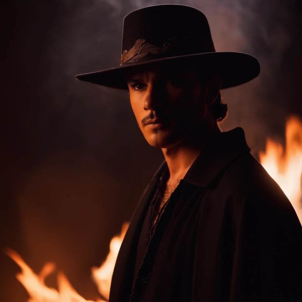 cinematic film still of  <lora:Zorro:1>
Alejandro Murrieta a man partially covered in shadow in a hat and coat standing in front of a fire,solo,black hair,1boy,hat,upper body,male focus,blurry,black headwear,shadow,fire,silhouette,fedora,orange theme , realistic, realism, photorealism, hyperrealism, hyperrealistic, realistic, sharp, detailed, cinematography style, film light style, movie still,  professional photography, artistic, perfection, contrast, cinematic, filmic, high quality photo,  8k quality, colorful, photography style, zorro style, shallow depth of field, vignette, highly detailed, high budget, bokeh, cinemascope, moody, epic, gorgeous, film grain, grainy