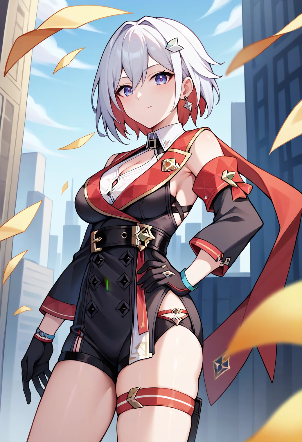 masterpiece,(bestquality),highlydetailed,ultra-detailed, a elf woman posing on the street corner with orange dress on, best quality, (elf), 1girl, big breast, day, bright, (depth of field:1.3), (blurry background:1.1), outdoor, (street:0.8), (people, crowds:0.8), (off-shoulder dress:1.2), Bob cut hair, parted bangs, (hair over one eye), white hair, blue eyes, beautiful detailed sky, (dynamic pose:1.2), soft lighting, wind, shiny skin, (upper body:0.8), parted lips, artstation by Artgerm, by Kawacy, By Yusuke Murata