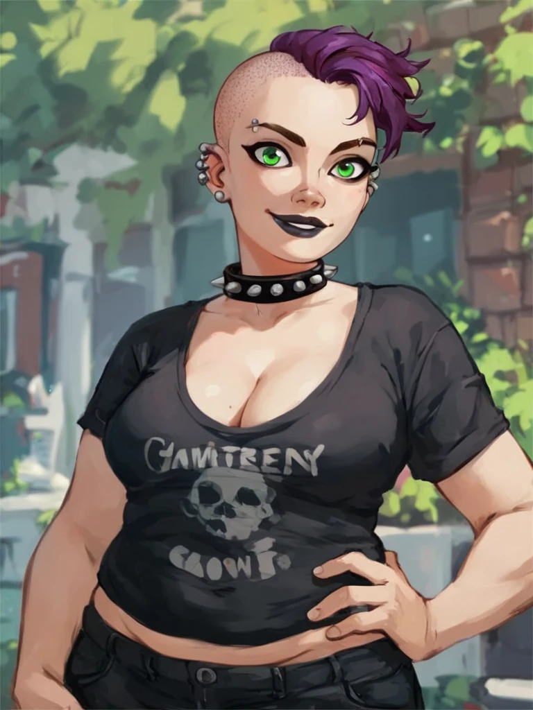 <lora:GermainePony1.0:0.6> germaine, shaved head, purple hair, 1girl, cleavage, green eyes, piercing, plump, eyebrow piercing, spiked collar,t-shirt, black pants, upper body,  black lips,looking at viewer, hand on own hip, smile,outdoors, score_9, score_8_up, score_7_up, score_6_up