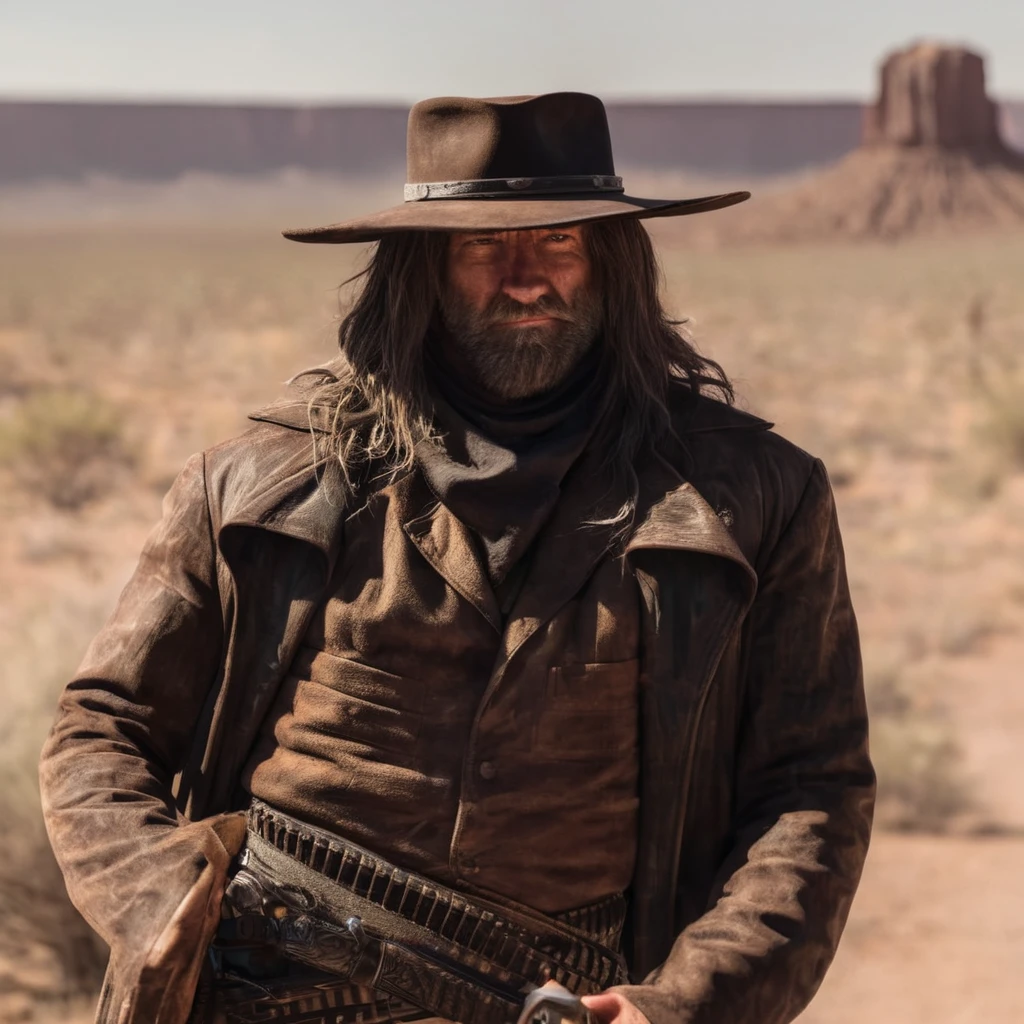 cinematic film still of  <lora:The Saint of Killers:1>
In the wild west, a comic book picture of The Saint of Killers a man with a gun standing next to a dead bodies in desert,black hair,hat,holding,weapon,male focus,multiple boys,pants,holding weapon,coat,gun,blood,bird,holding gun,handgun,skull,smoking,cowboy hat,revolver,death,corpse , realistic, realism, photorealism, hyperrealism, hyperrealistic, realistic, sharp, detailed, cinematography style, film light style, movie still,  professional photography, artistic, perfection, contrast, cinematic, filmic, high quality photo,  8k quality, colorful, photography style, horror themed, western style, shallow depth of field, vignette, highly detailed, high budget, bokeh, cinemascope, moody, epic, gorgeous, film grain, grainy