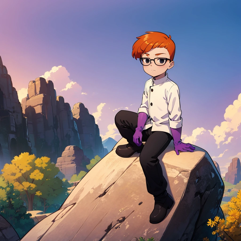 1boy, solo, Dexter,  orange hair, black eyes, glasses, white coat , purple gloves, black pants, child,     <lora:Dexter_DexterLab_Leaf2:0.8>, cowboy shot, looking at viewer, sitting, sitting on rock