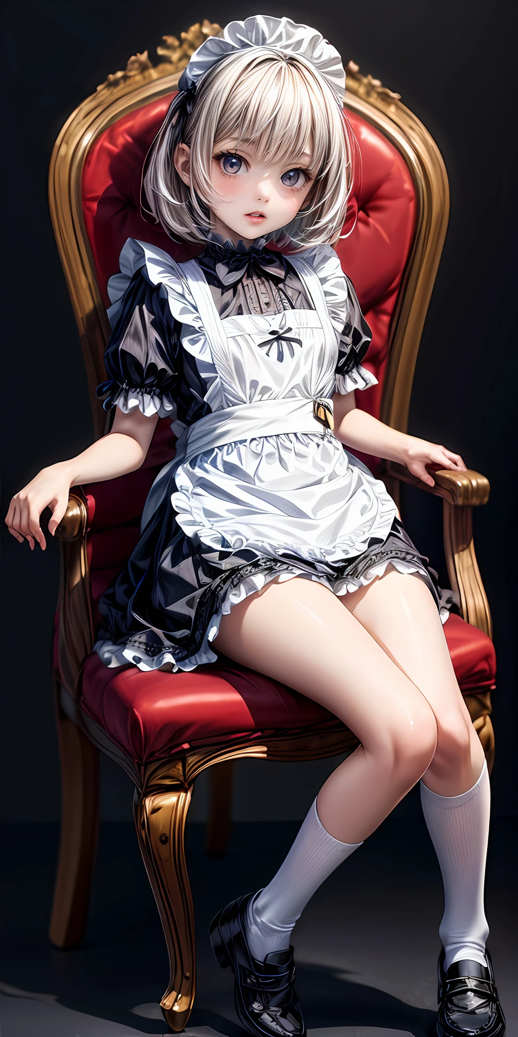 (masterpiece,ultra-detailed,best quality,8K,CG,illustration,shaved:1.0),(ite girl:1.2) <lora:more_details:1>,simple background,
<lora:maid v1.0:0.5> jyojifuku, frills,socks,shoes,sitting on chair