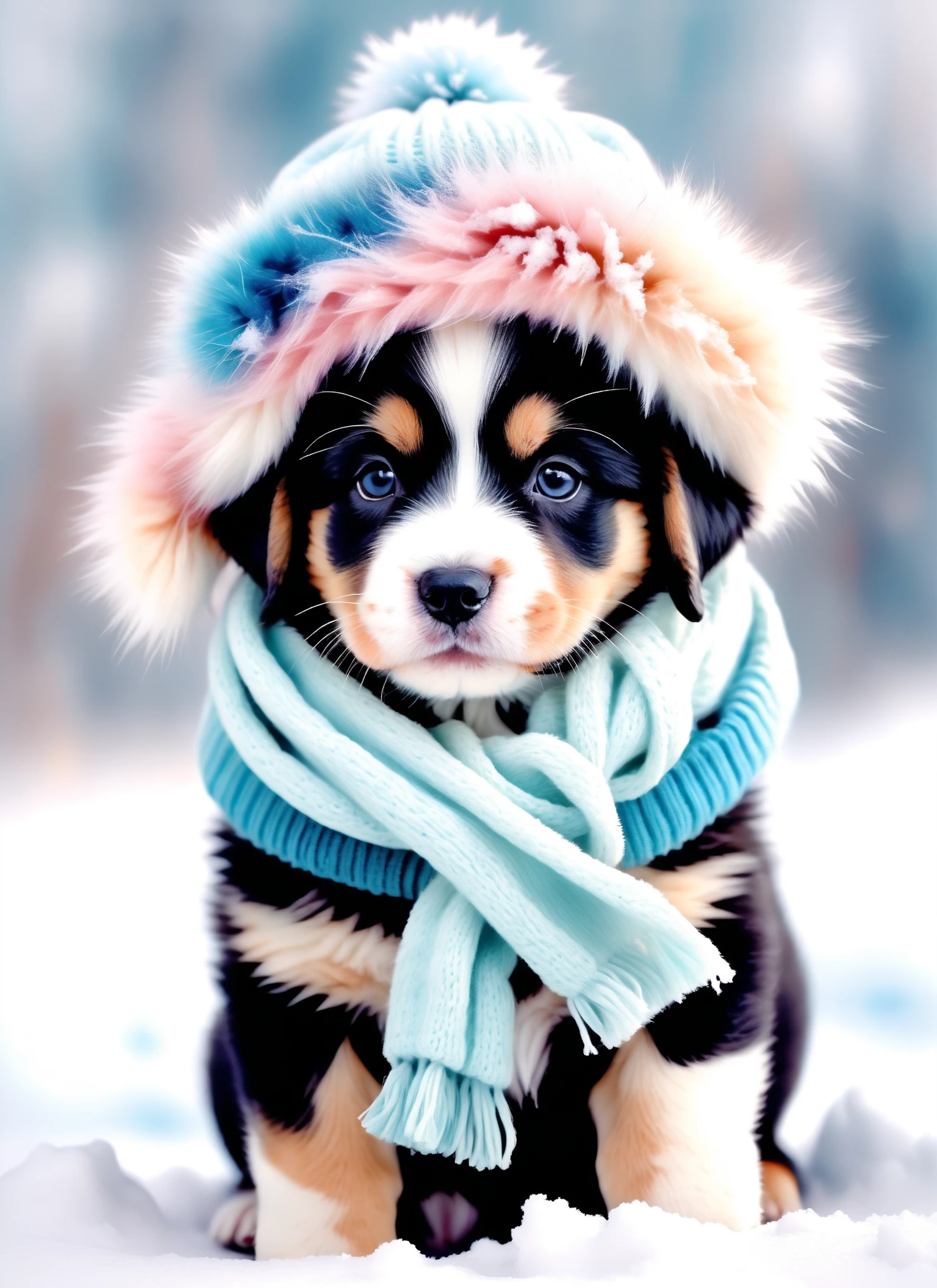 Medium long view hyperreal photography, (Adorable puppy:1.3), Symmetrical composition, Winter hat and scarf, (Soft pastel hues:1.2), Playful expression, Fluffy fur, Snowy backdrop, (Cozy atmosphere:1.2), Captured with Winsor & Newton watercolors, Delicate brush strokes, Endearing charm