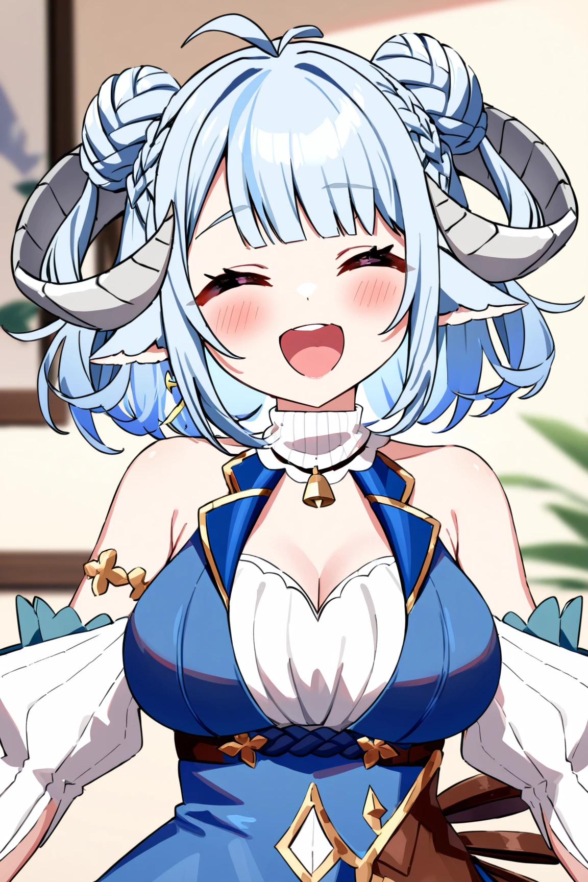 MinaiAruma, 1girl, waistcoat, detached sleeves, open mouth, laughing, ><, masterpiece, newest, absurdres,, <lora:MinaiArumaXL_kohaku2:1>,