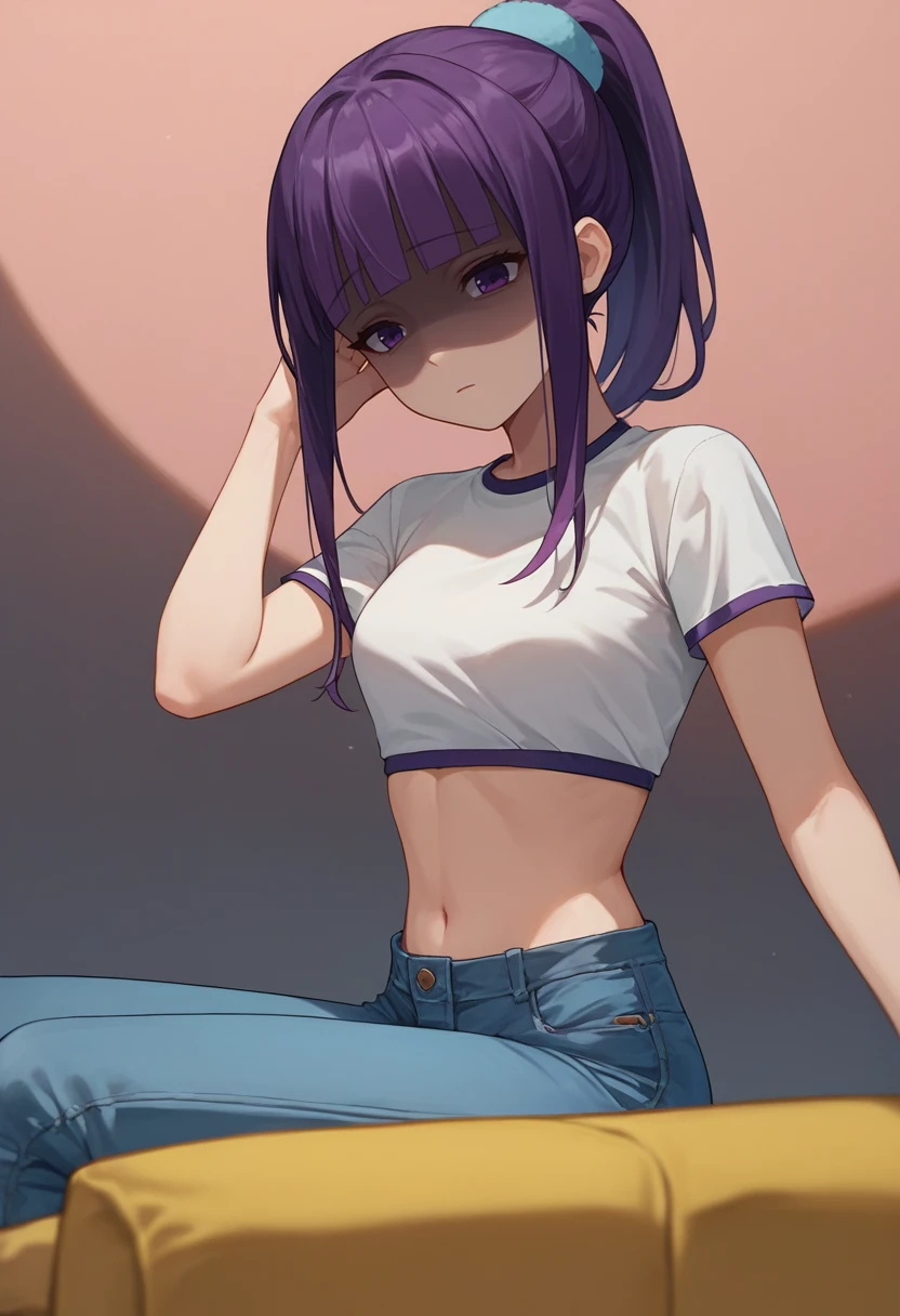 score_9, score_8_up, score_7_up, source_anime, 1girl, Maika, purple hair, purple eyes, ponytail, crop top, jeans,  shaded face,   <lora:MaikaPXL1-000011:1>