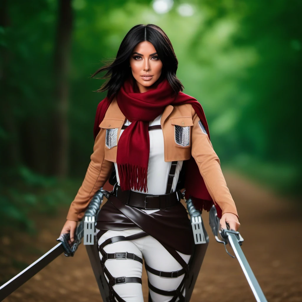 cinematic photo kim kardashian wears a red scarf in a costume, holds two swords, attack on titan  <lora:AoT1024:0.8> . 35mm photograph, film, bokeh, professional, 4k, highly detailed