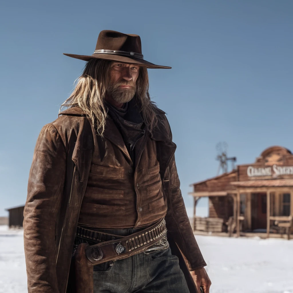 cinematic film still of  <lora:The Saint of Killers:1>
In the wild west, a comic book picture of The Saint of Killers a man standing in the snow with a knife,solo,long hair,blonde hair,1boy,full body,male focus,belt,pants,blood,muscular,topless male,skull,manly , realistic, realism, photorealism, hyperrealism, hyperrealistic, realistic, sharp, detailed, cinematography style, film light style, movie still,  professional photography, artistic, perfection, contrast, cinematic, filmic, high quality photo,  8k quality, colorful, photography style, horror themed, western style, shallow depth of field, vignette, highly detailed, high budget, bokeh, cinemascope, moody, epic, gorgeous, film grain, grainy